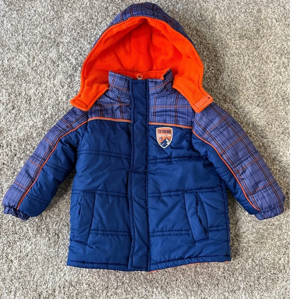 iXtreme‎ Expedition 75 Boys Toddler Puffer Jacket Blue Orange Plaid Hooded 2TEUC